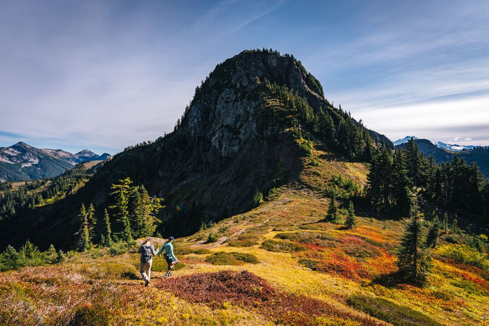 Hikers traverse an autumn mountain trail with vibrant fall colors in Mount Rainier National Park during golden hour.