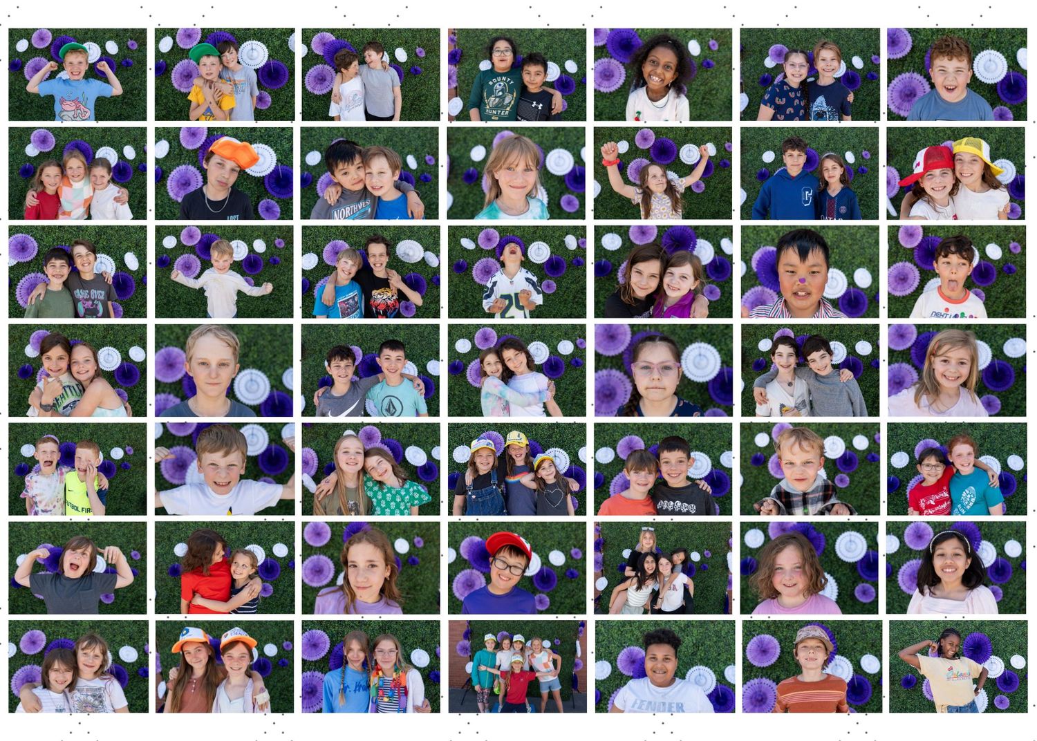 Colorful school portraits of students against vibrant balloon background showing happy expressions.