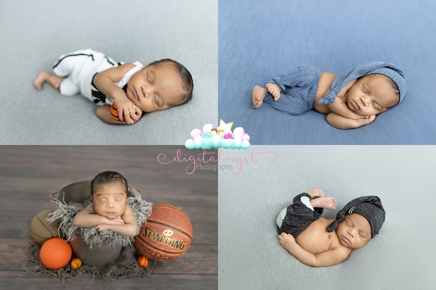 Newborn baby posed in four photos with sports props including basketballs, wearing tiny outfits in blue and dark tones.