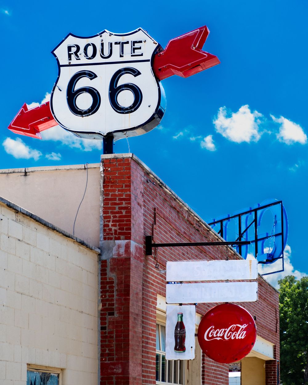 Route 66 and vintage CocaCola sign at Gulf Service Station off Route 66. Sapulpa, OK. June 10, 2026 (David J. Manning)