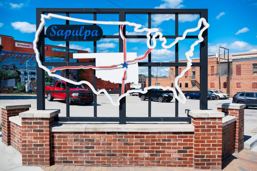 Artistic sign showing map of Route 66 through Sapulpa, OK on display in downtown Sapulpa, OK. June 10, 2026. (David J. Manning)