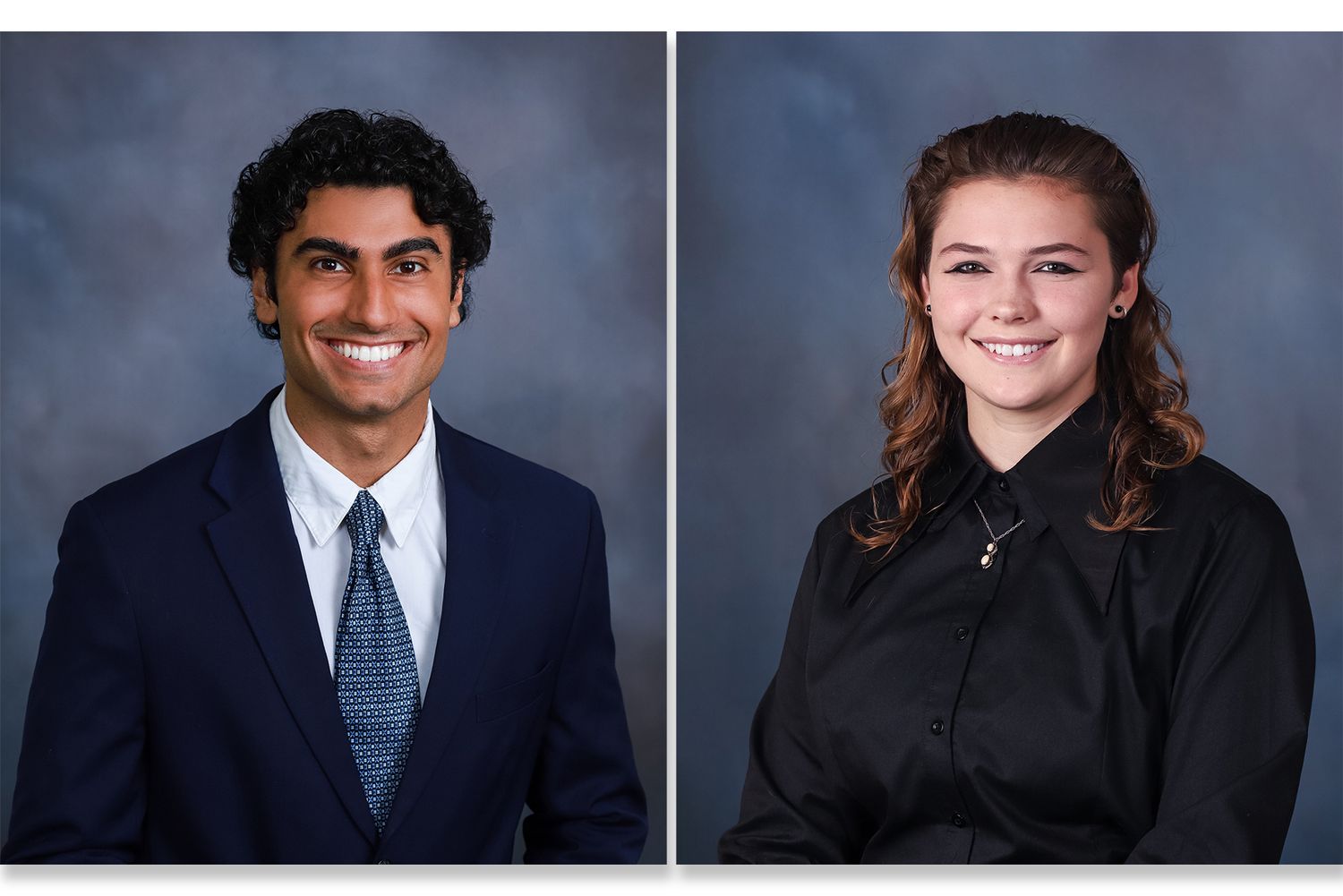 Professional headshots of a young man in a navy suit and a young woman in a black top against a blue background.