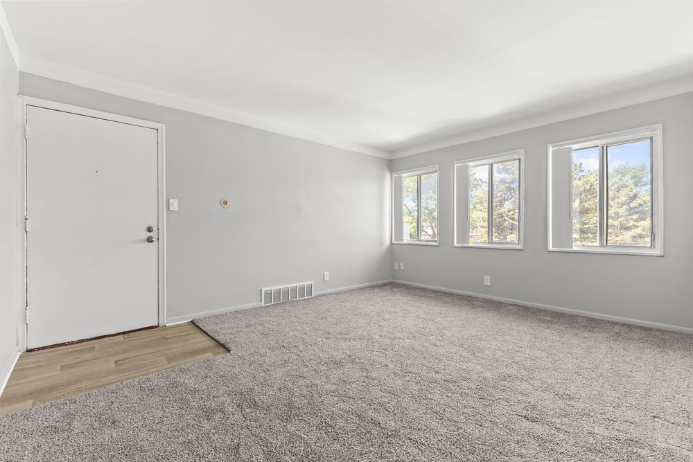 Bright empty living room with neutral carpet, white walls, baseboards, and large windows allowing natural light.