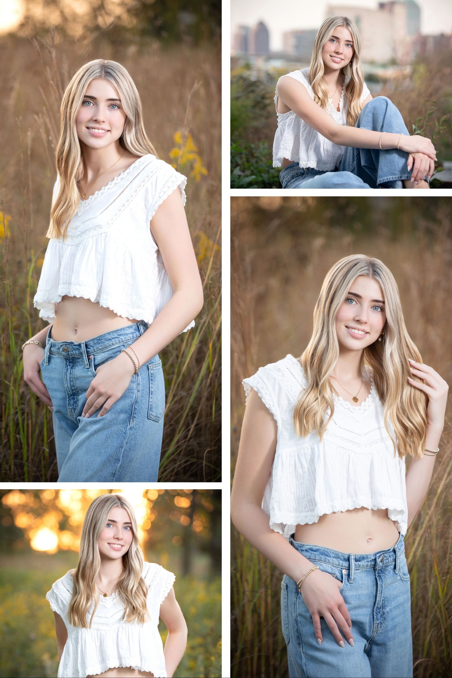 Worthington Kilbourne senior photos at Scioto Audubon featuring a white top, denim style, tall grasses, and warm golden hour scenery.