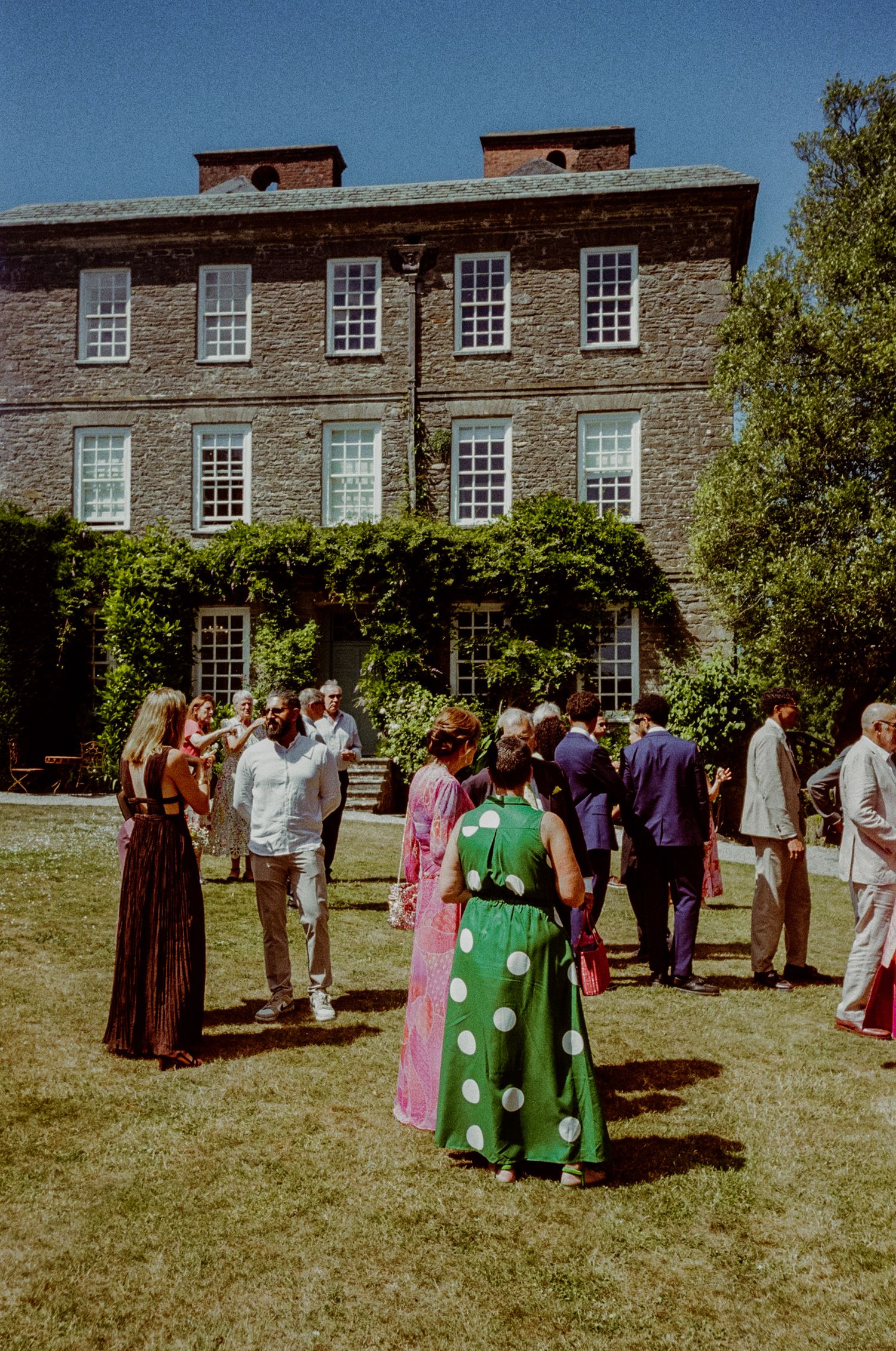 Guests in formal attire gather on lawn outside at Kingston Estate in Devon.