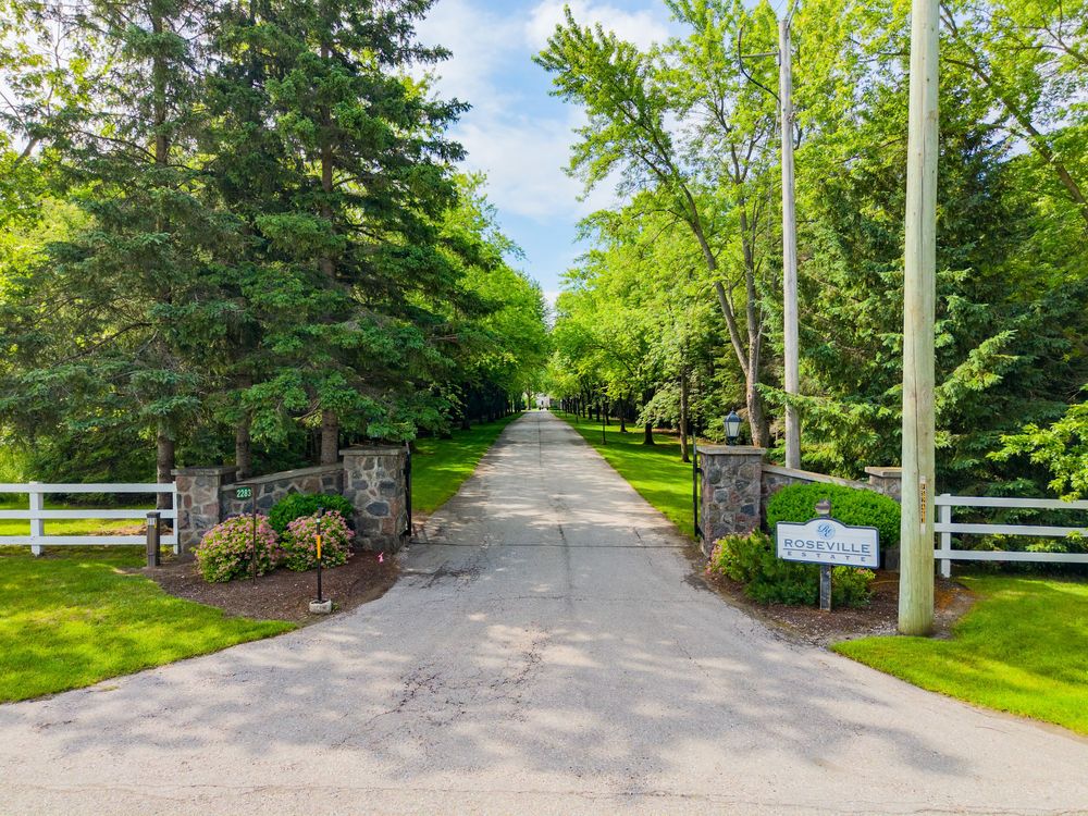 Tree-lined private driveway entrance with stone pillars, white fence, and lush green landscaping leading to an estate.
