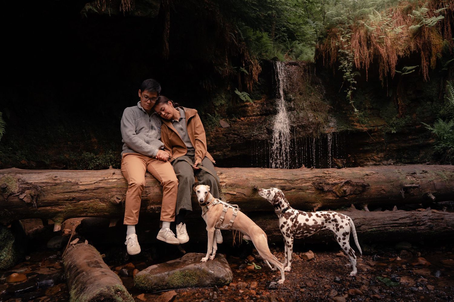 Couple with their dogs at a Scottish waterfall during a relaxed outdoor couples photoshoot in Scotland.