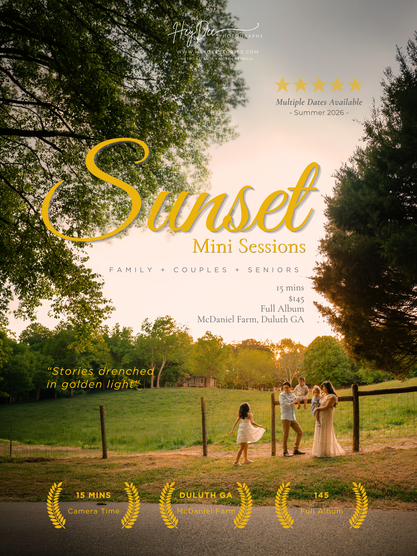 Promotional flyer for Sunset Mini Sessions photography in Duluth, GA featuring a family in golden light at McDaniel Farm.