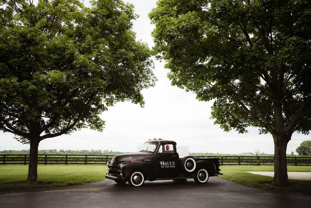 Vintage black pickup truck parked on a tree-lined driveway at a scenic farm with white fencing in the background.