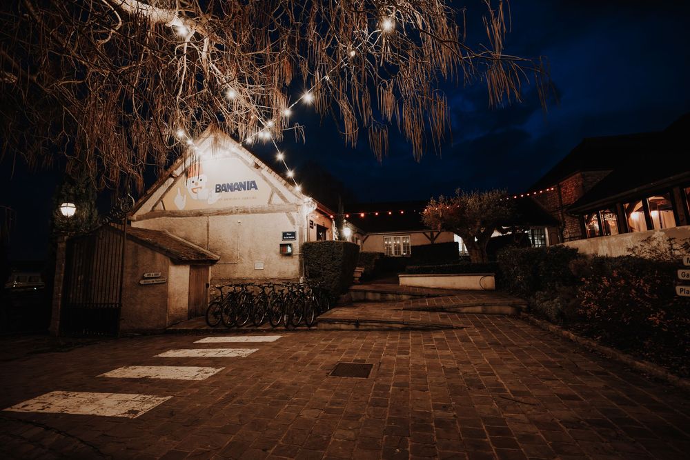 Festive string lights adorn a quaint stone cottage courtyard at night with brick paving and bare winter trees.