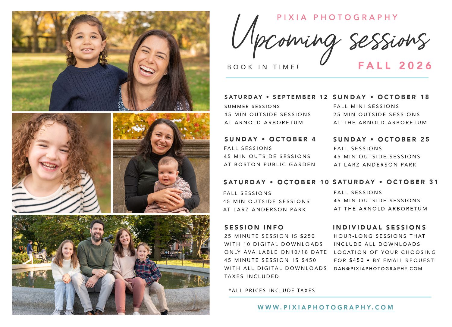A photography studio promotional flyer for Pixia Photography fall 2026 upcoming sessions featuring family portrait photos.