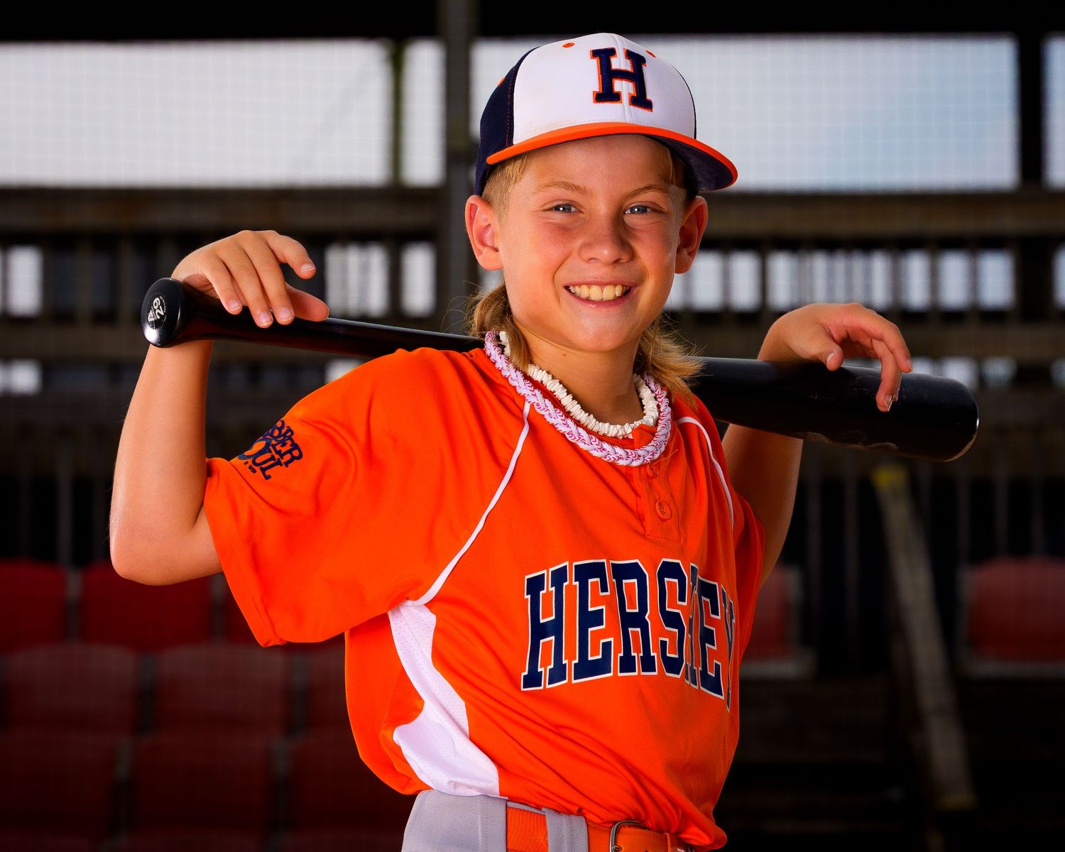Hershey Little League player smiling for Media Day portrait, by Deanna Fox, SportsFox Photography, Hershey PA