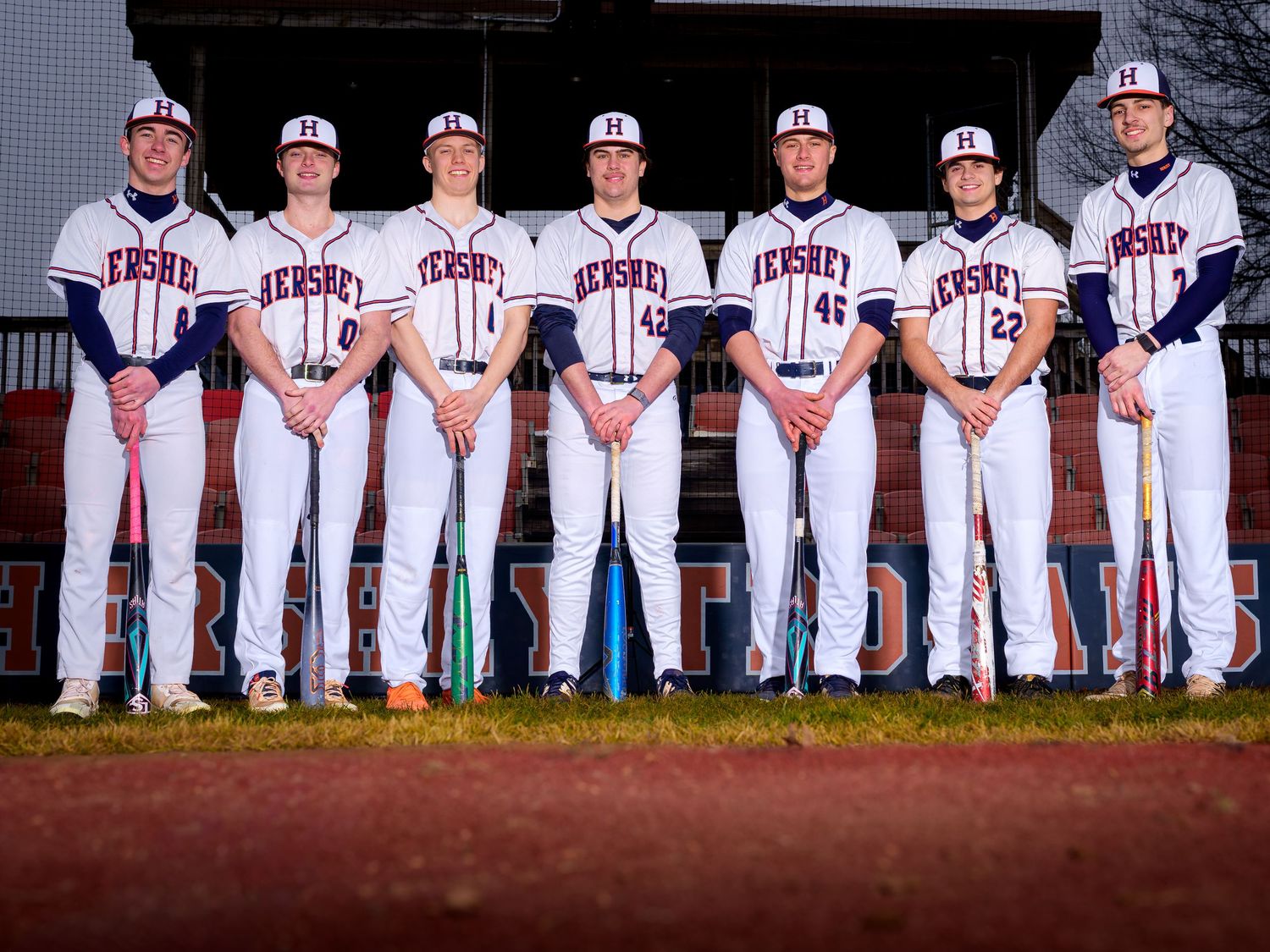 Hershey High School baseball team lined up with bats at Media Day, by Deanna Fox, SportsFox Photography, Hershey PA