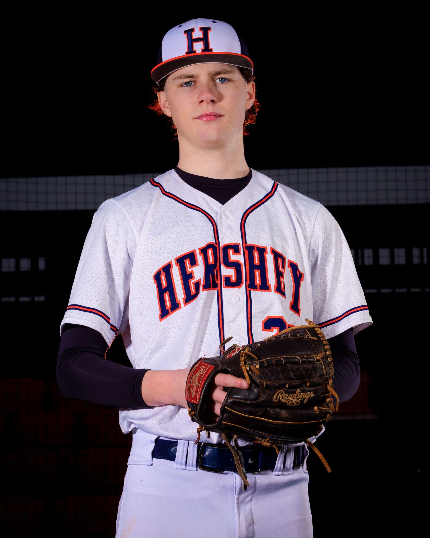 Hershey High School baseball player with glove for Media Day portrait, by Deanna Fox, SportsFox Photography, Hershey PA