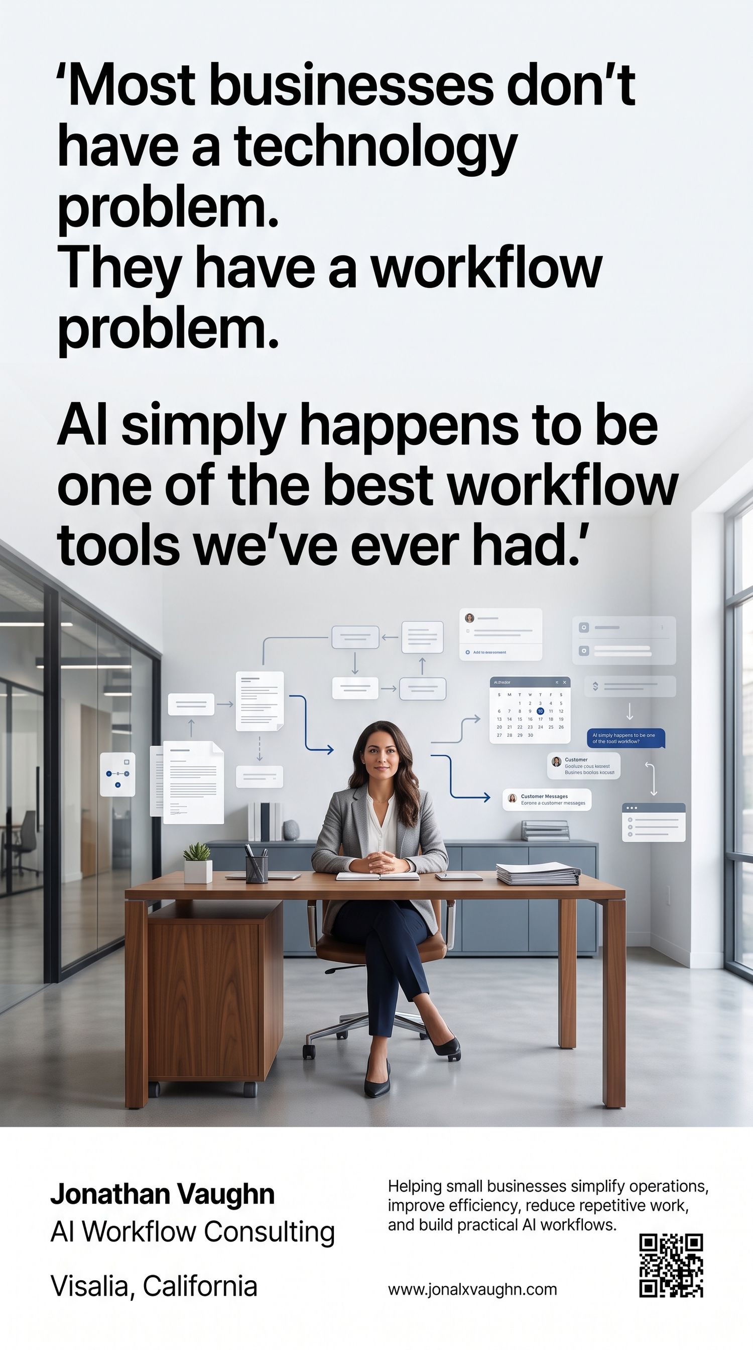 Professional woman at desk surrounded by AI workflow diagrams, promoting Jonathan Vaughn AI Workflow Consulting in Visalia, California.