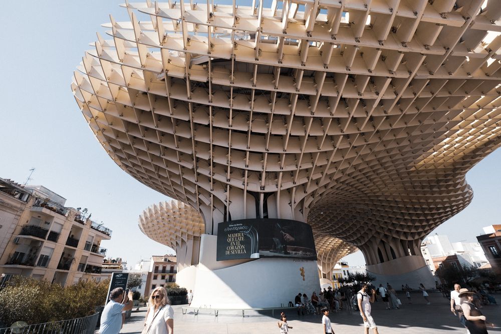 Close-up view of the Metropol Parasol structure in Seville, Spain, featuring its distinctive latticed wooden canopy against a blue sky.