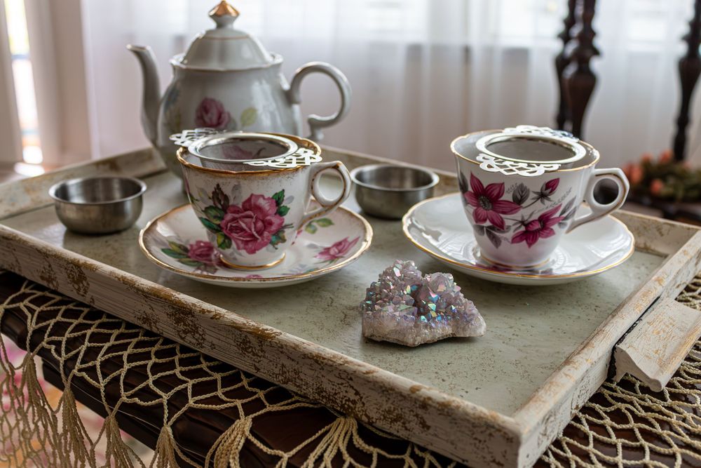 Elegant floral tea set with rose-patterned cups, saucers, and teapot on a vintage tray with an amethyst crystal centerpiece.