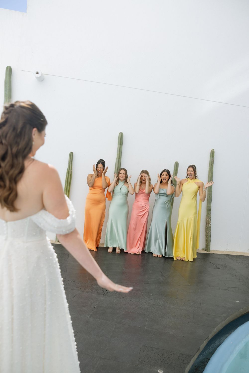 Bride reveals wedding dress to bridesmaids in colorful gowns standing against white wall with cacti.