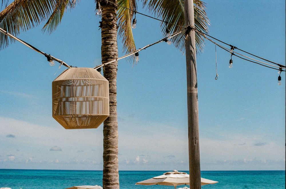 Tropical beach bar with woven pendant light hanging from palm tree, string lights, and white umbrellas by turquoise ocean.