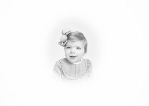 Vintage black and white portrait of a young toddler girl with a bow in her hair wearing a ruffled dress.