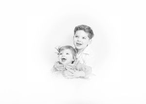 Pencil sketch portrait of two smiling children, an older boy hugging a laughing baby sibling.