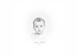 Black and white portrait photo of baby Anna Marie, a sweet infant in white clothing, soft vintage style.