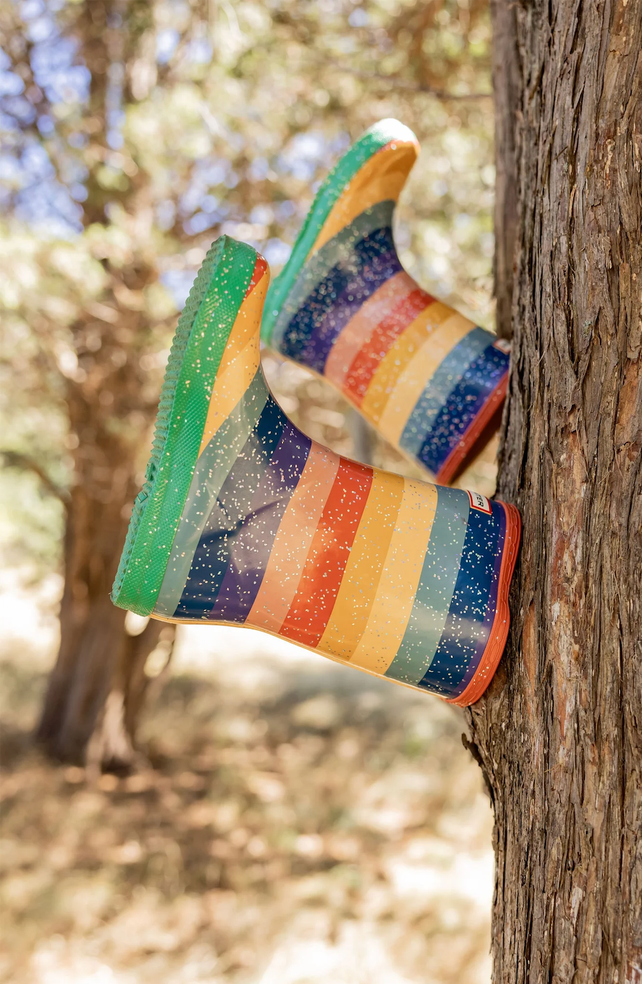 Colorful rainbow striped glitter Hunter rain boots propped against a tree trunk in a sunny outdoor setting.