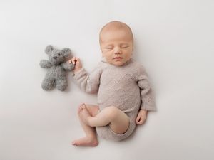 Sleeping newborn baby wrapped in soft pink swaddle lying next to plush gray elephant toy on white backdrop.