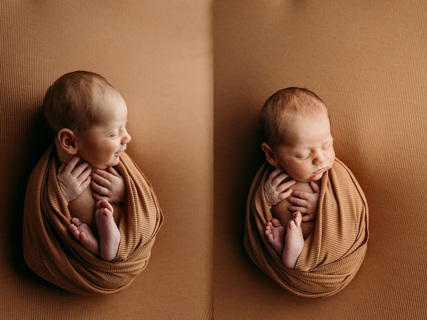 Two newborn photos of a baby swaddled in a warm caramel wrap, posed on a matching brown backdrop.