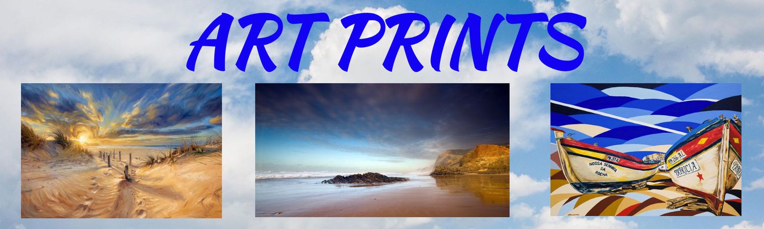 Art prints banner featuring a sandy beach sunset, a serene coastal scene, and a vibrant abstract boat painting. Alyson & Dave Sheldrake