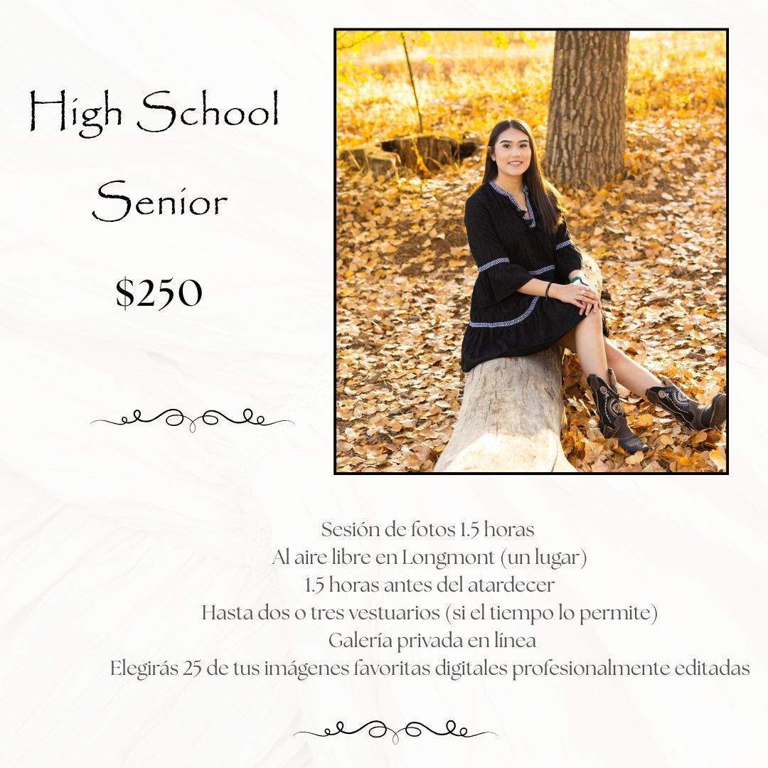 High school senior girl sitting on a tree stump in autumn leaves, promotional photo for $250 senior photography package.