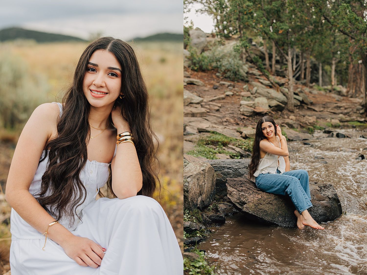 Young woman in white dress poses in field, second shot shows her sitting on rocks by a stream in jeans.