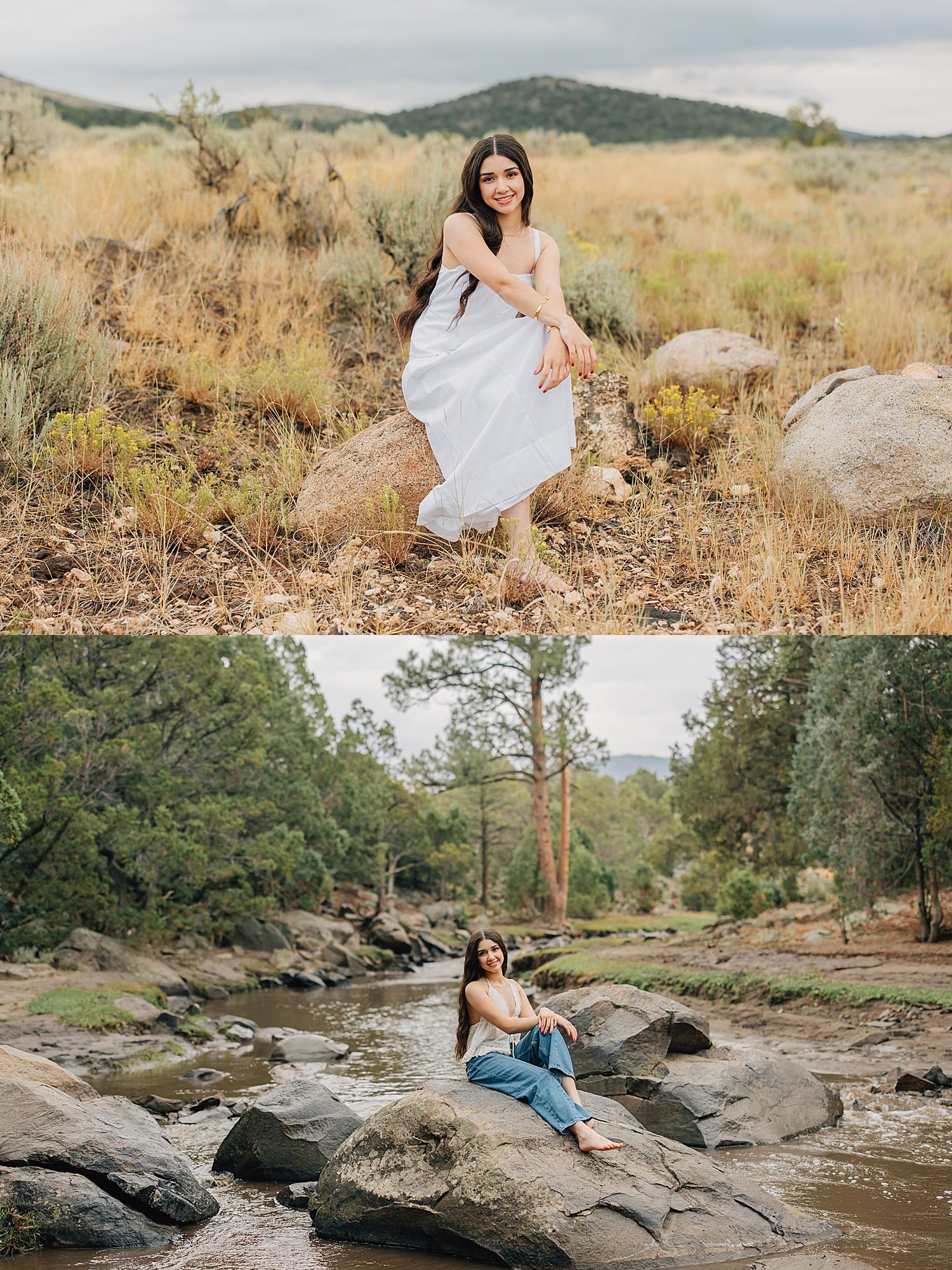 Young woman posing on rocks in a field and by a creek in two outdoor portrait photos.