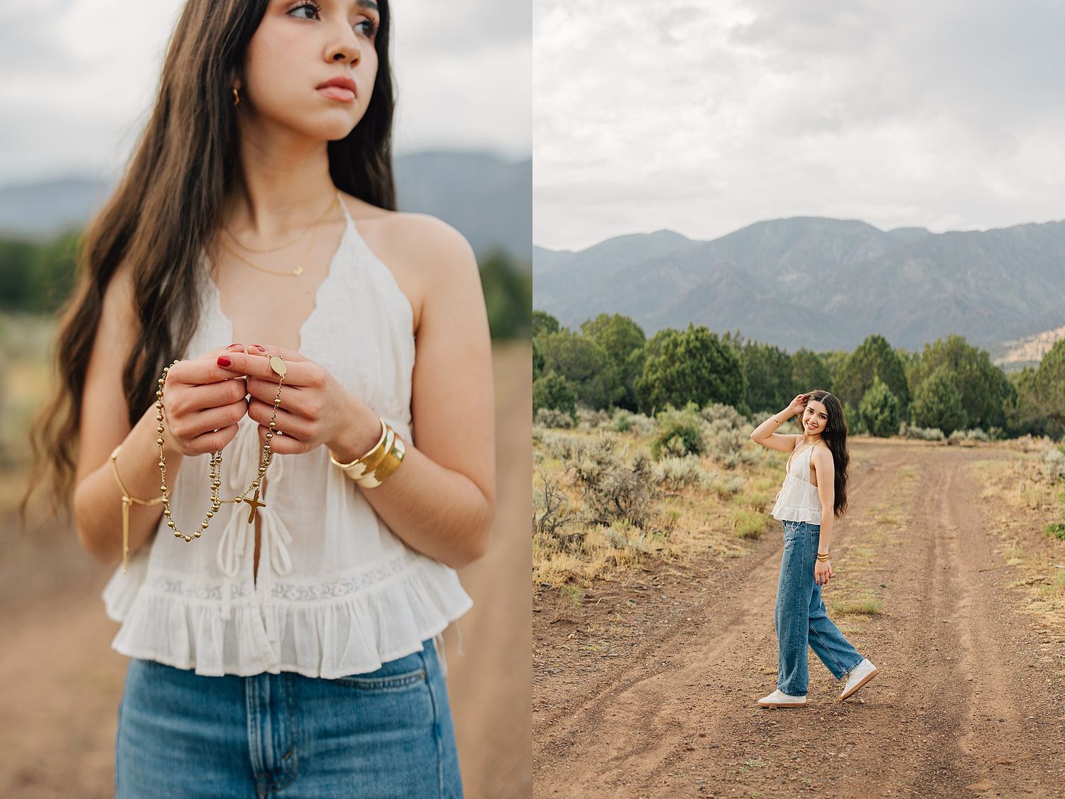 Young woman in white halter top and jeans poses on a dirt road with mountain scenery in New Mexico.