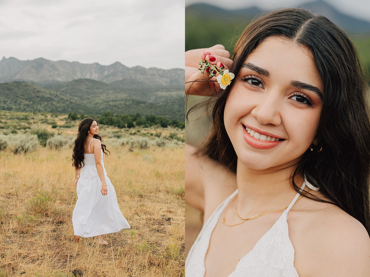 Young woman in white dress poses in mountain meadow, smiling close-up with flower accessory.