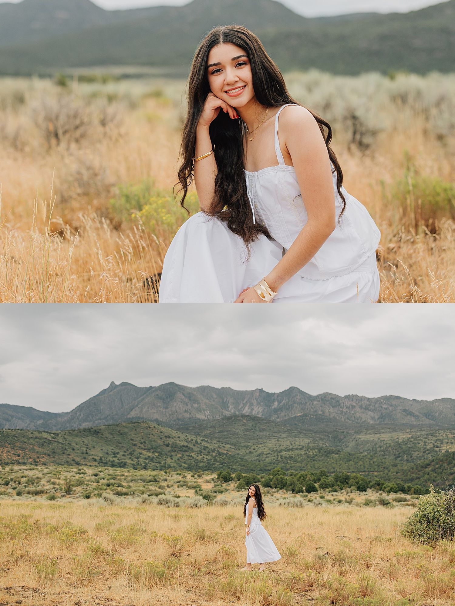 Young woman in white dress poses in golden field and mountain landscape for senior portrait photos.