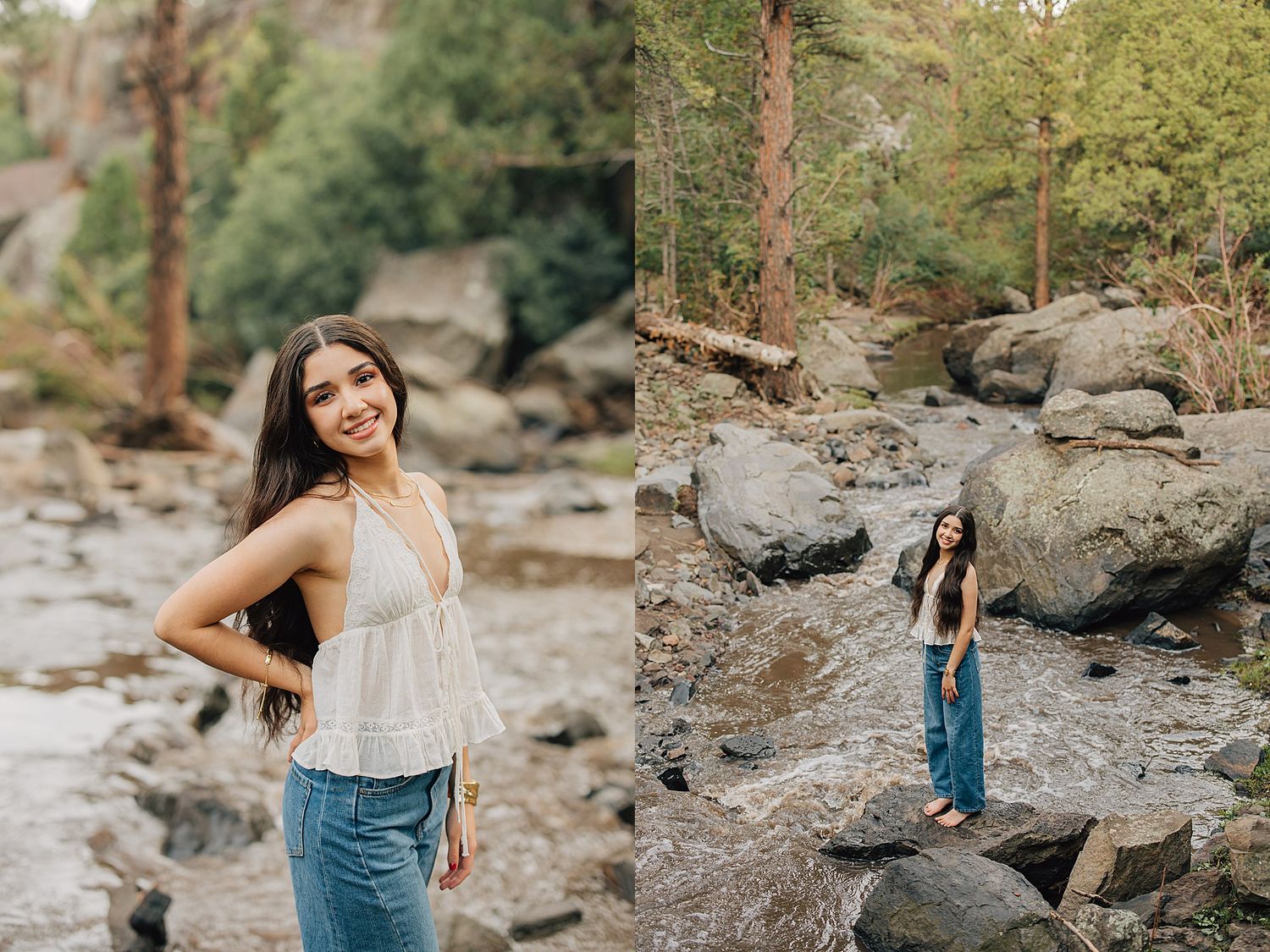 Senior portrait collage of a young woman in white top and jeans posing by a rocky forest stream.