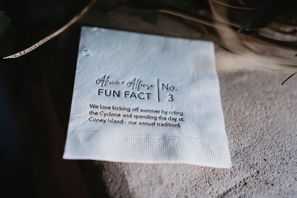 Custom wedding napkin with fun fact No. 3 about riding the Cyclone at Coney Island, elegant personalized stationery.