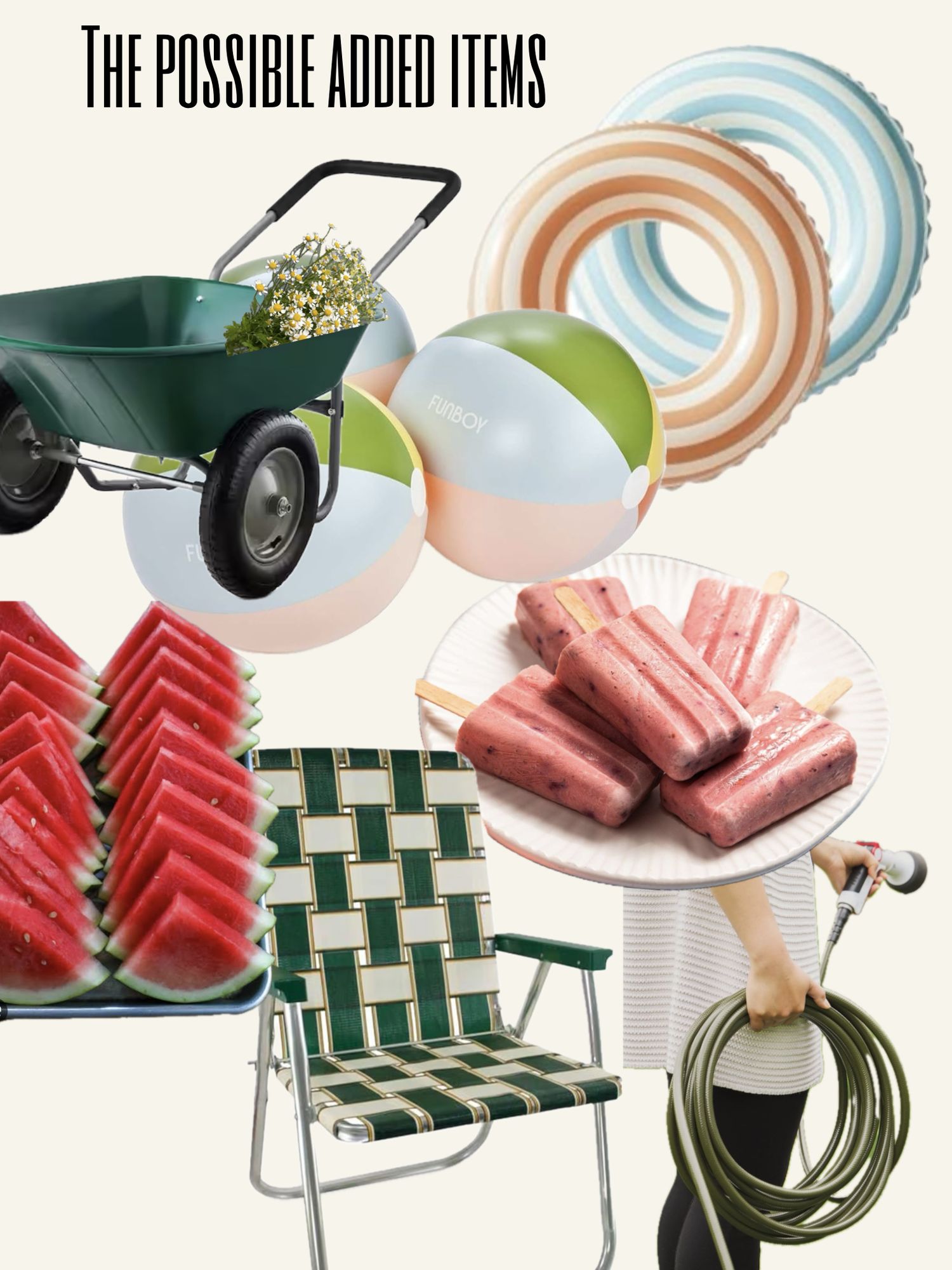 Collage of summer items including wheelbarrow, beach ball, pool float, watermelon slices, lawn chair, popsicles, and garden hose.