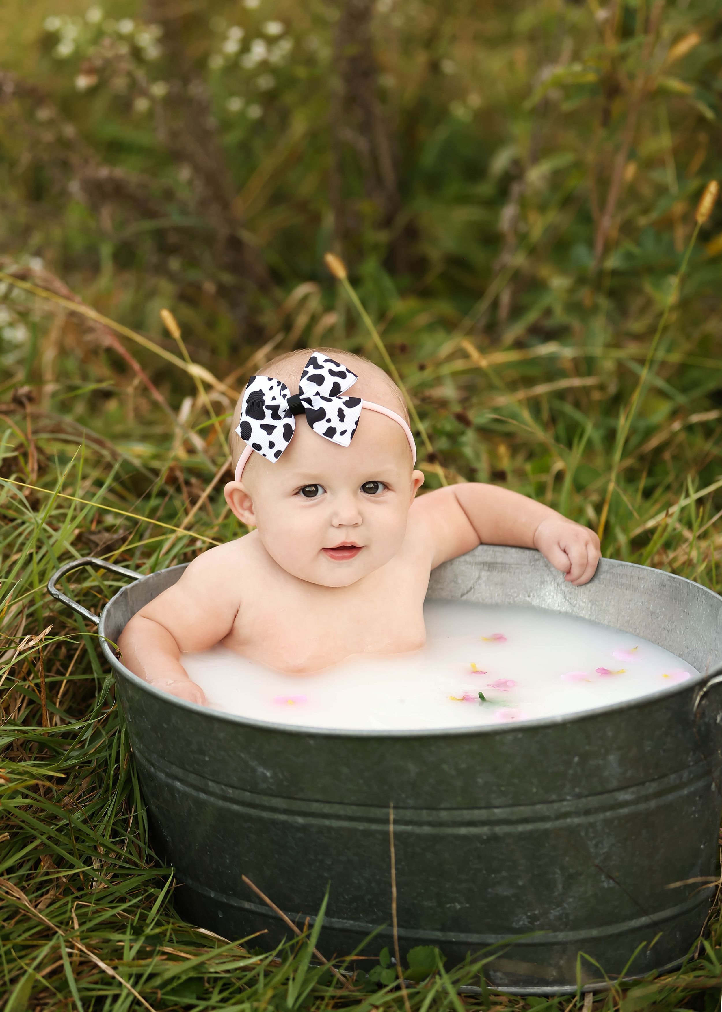 A cute baby sits in a rustic galvanized tub filled with milk outdoors, wearing a cow-print bow headband.