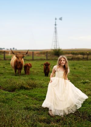 Girl in cream dress twirling in field with Highland cattle and windmill in background.