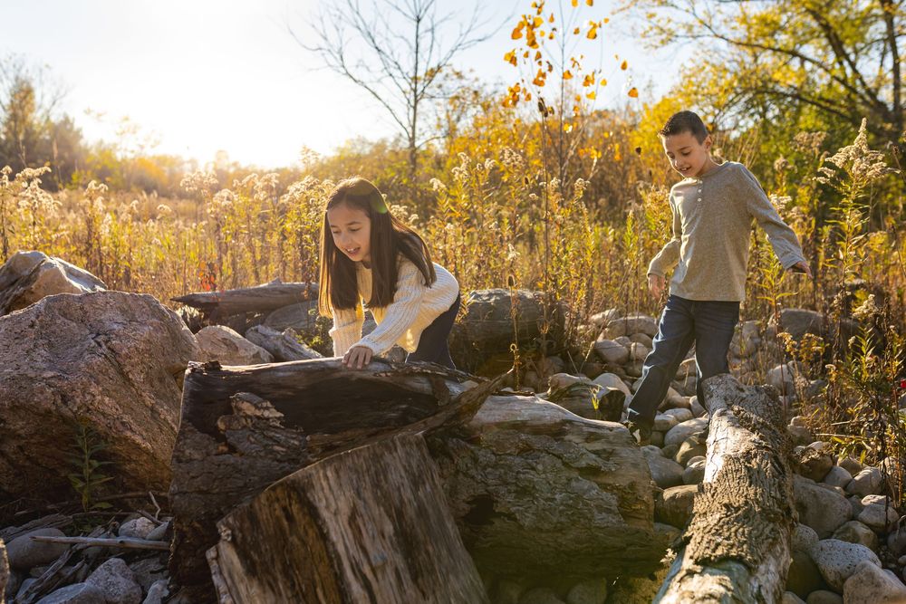 Two children explore rocky terrain surrounded by golden autumn foliage in warm sunlight.