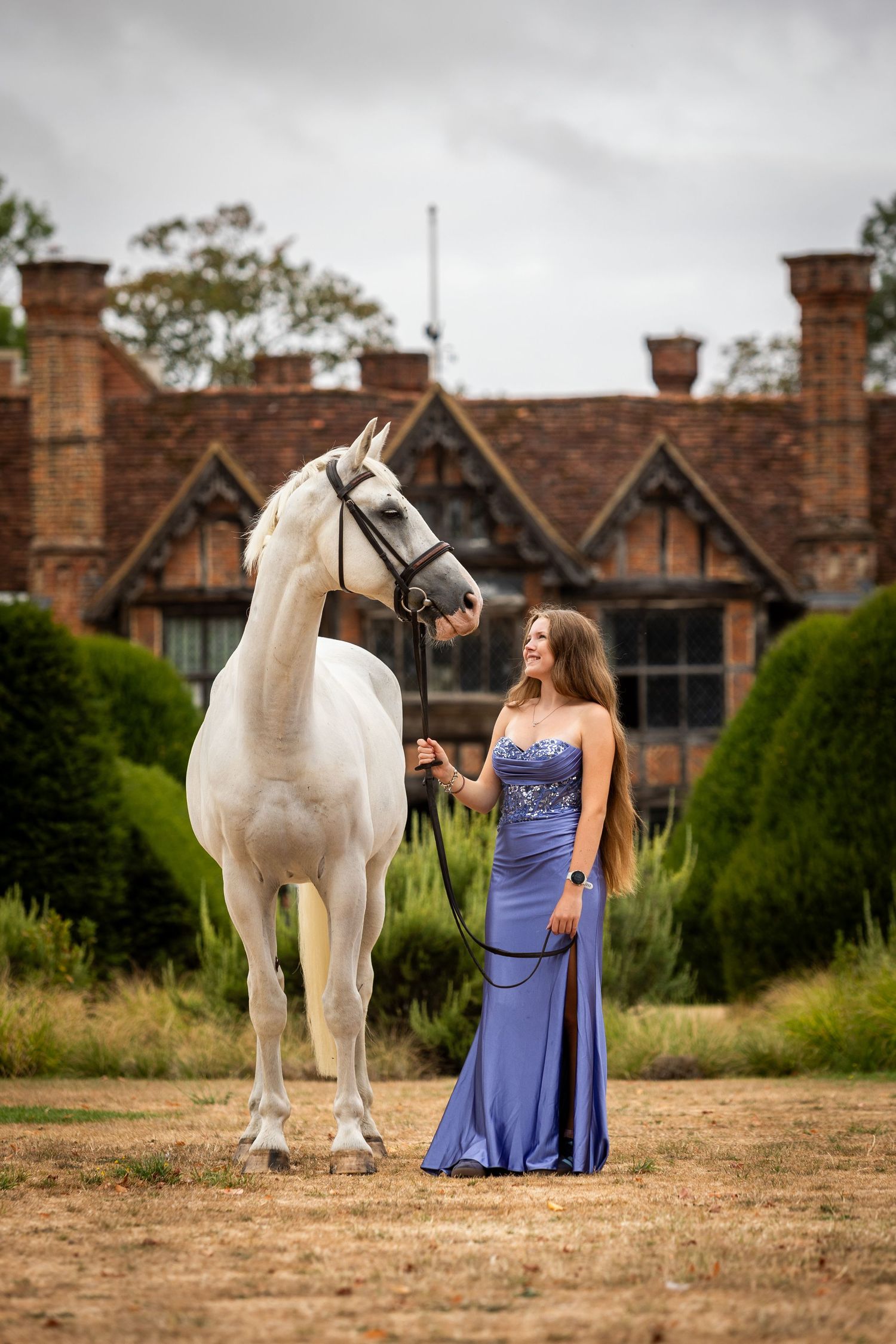 Woman in blue gown poses with gray horse at sunset in a field.