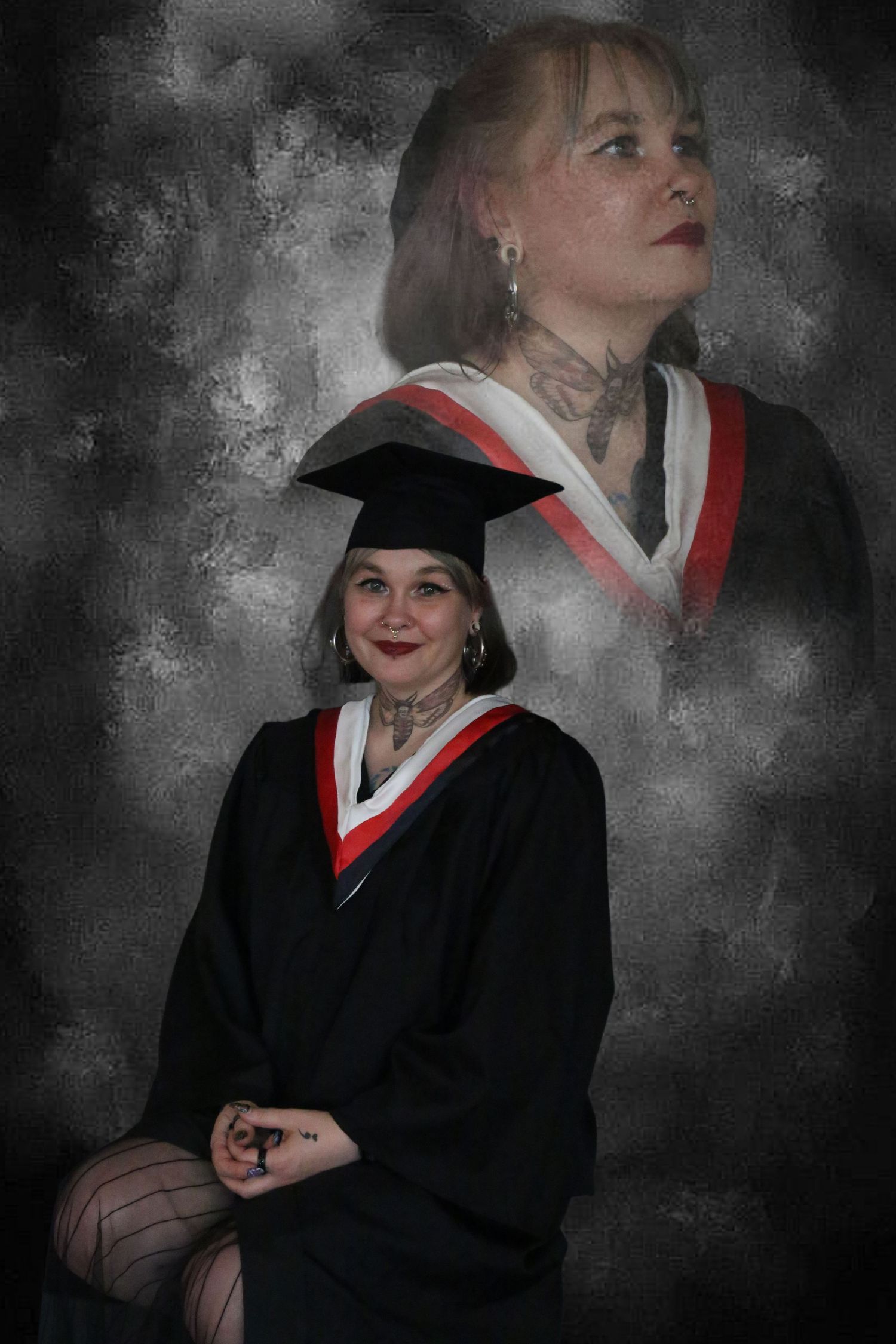 Woman in graduation gown and cap smiles, with a double exposure portrait effect on a gray background.