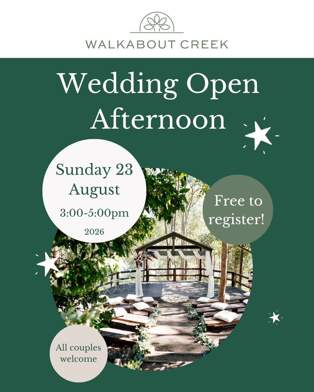 Walkabout Creek Wedding Open Afternoon, Sunday 23 August 2026, Brisbane Queensland