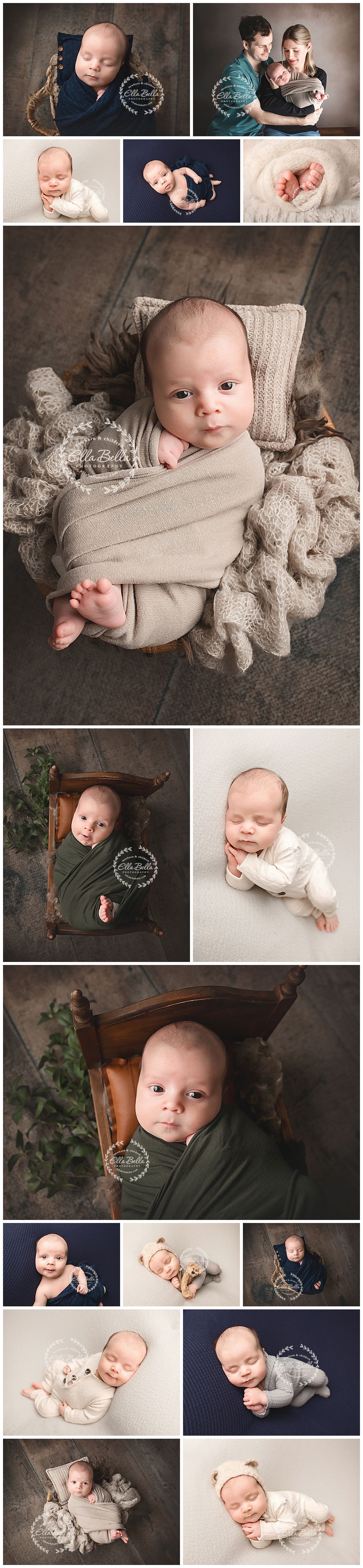 Newborn baby boy photography collage featuring posed studio shots with navy, green, and cream wraps by Ella Bella Photography.
