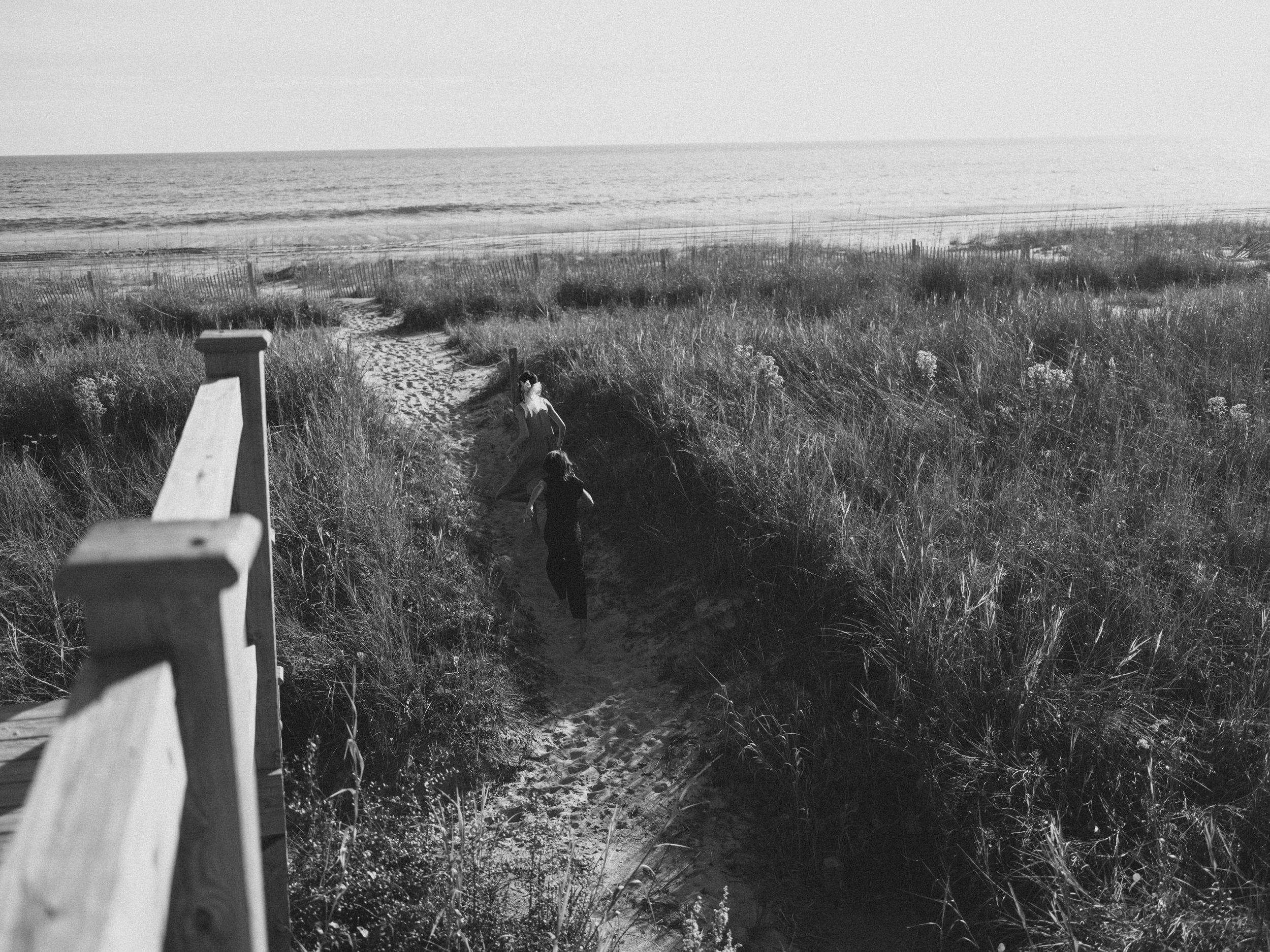 Black and white photo of a dog walking down a narrow beach path through tall grass toward the ocean.