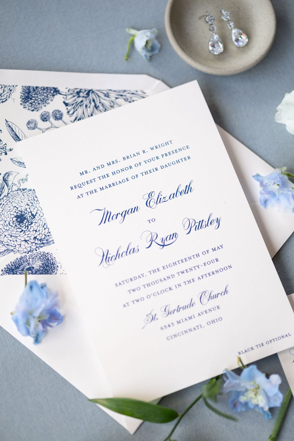 Elegant blue and white wedding invitation suite for Morgan Elizabeth and Nicholas Ryan Pittsley, Cincinnati Ohio, May 18th.