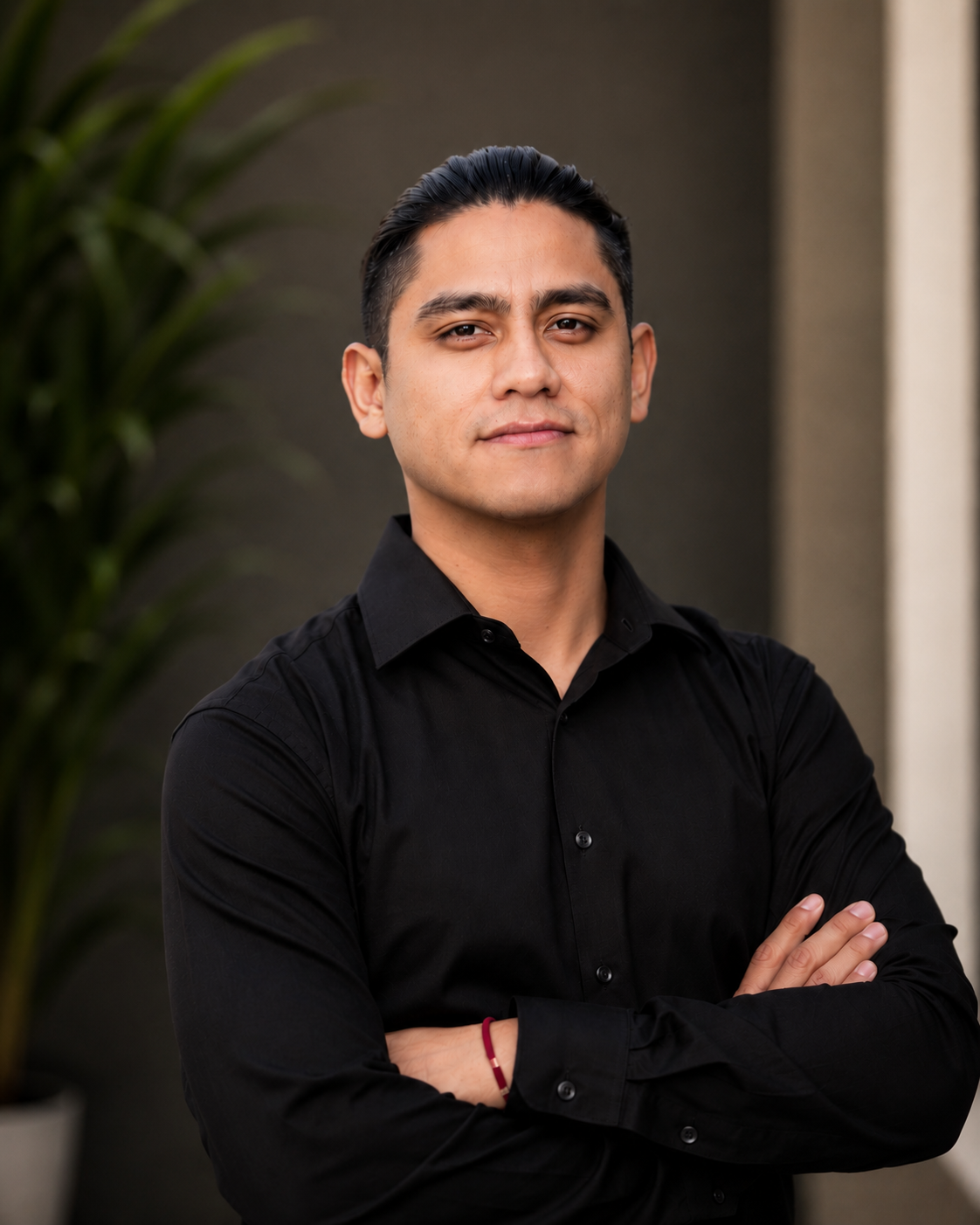 Professional man in black shirt with arms crossed, posing confidently for a corporate headshot outdoors.