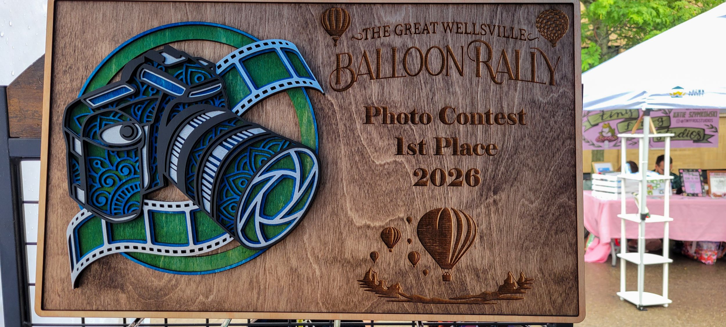Wooden carved plaque for The Great Wells Street Balloon Rally Photo Contest 1st Place 2026 award.